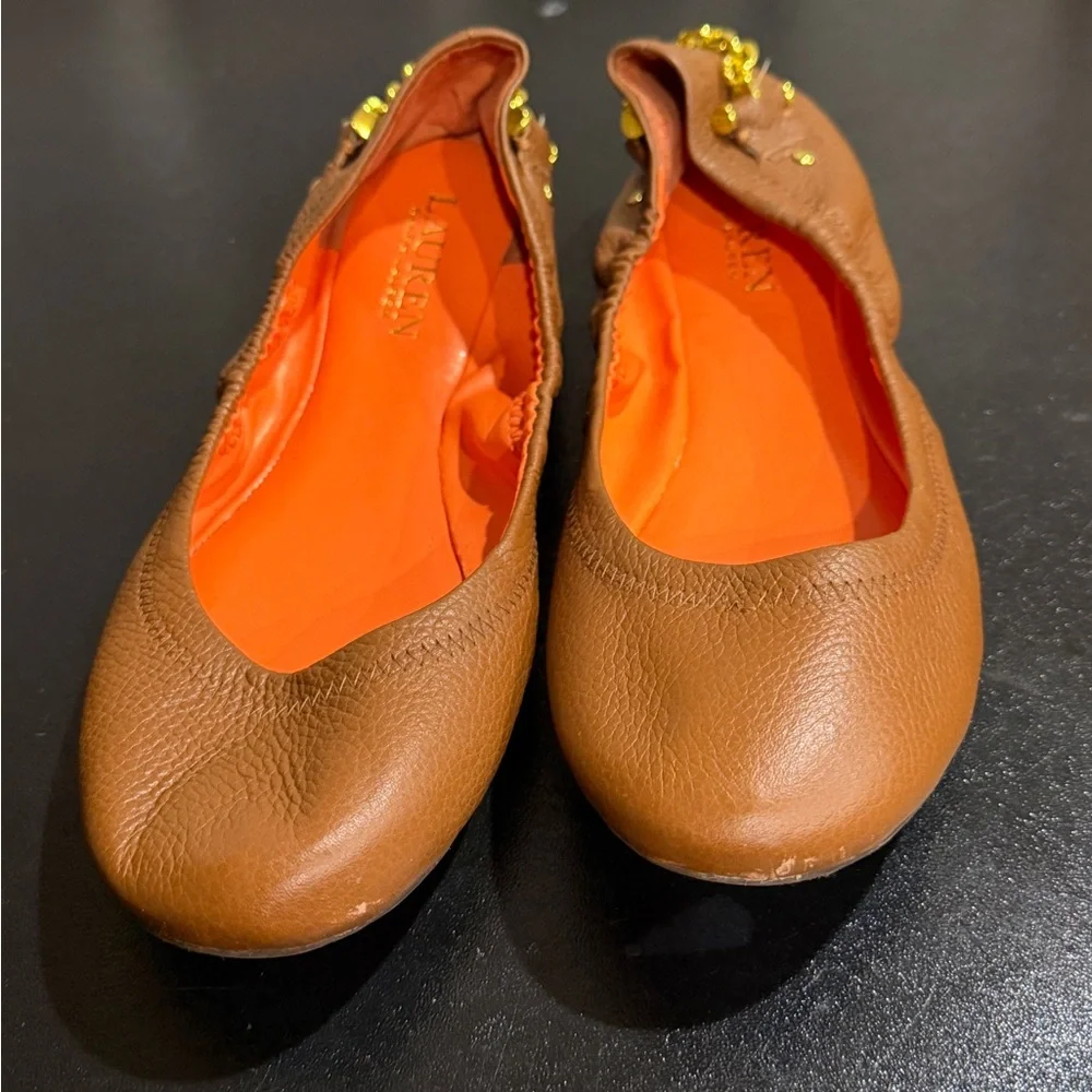 Lauren Ralph Lauren Brown Leather Flats with Gold Accents size 8.5